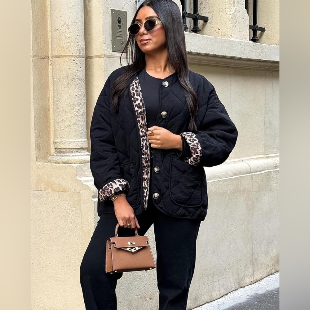 Black Quilted Jacket with Leopard Accents